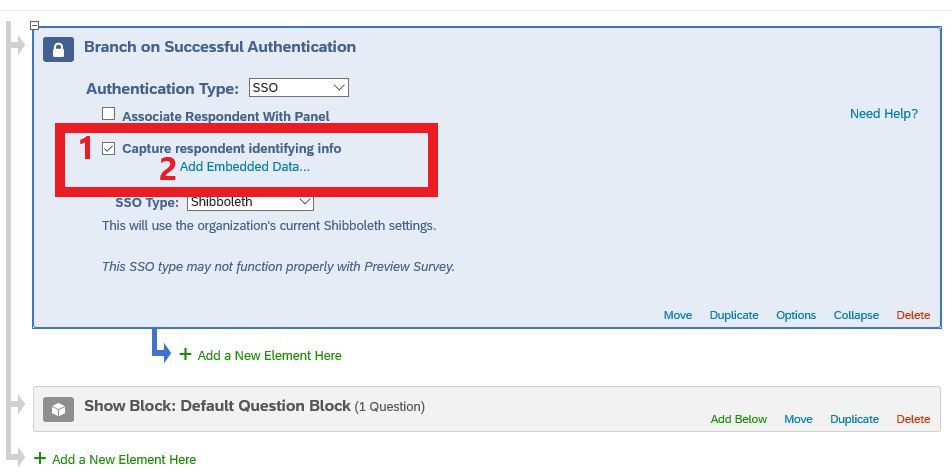 Screen shot of Authentication block with Capture respondent identifying info checked and Add Embedded Data circled