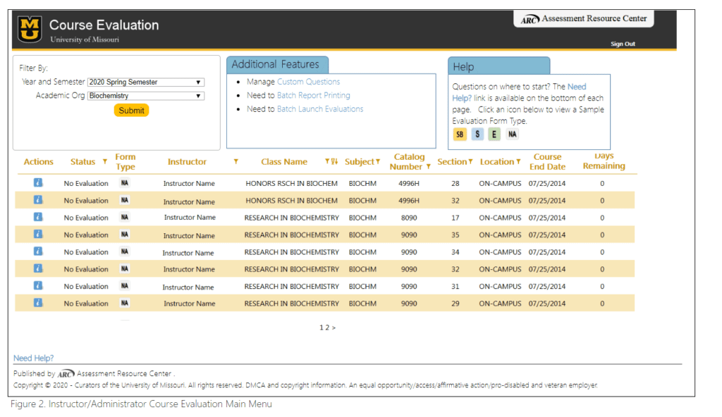 MU course evaluation menu screen